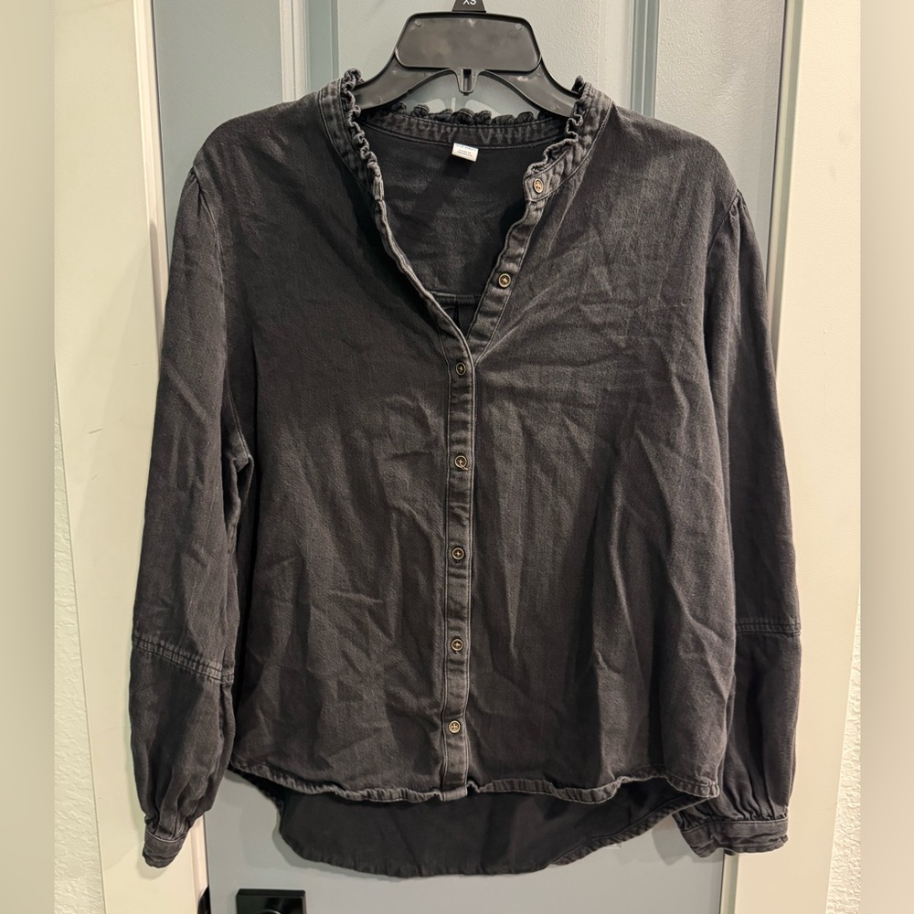Old Navy Women’s Lrg Black Denim Balloon Sleeve Ruffle Collar Button Up Shirt